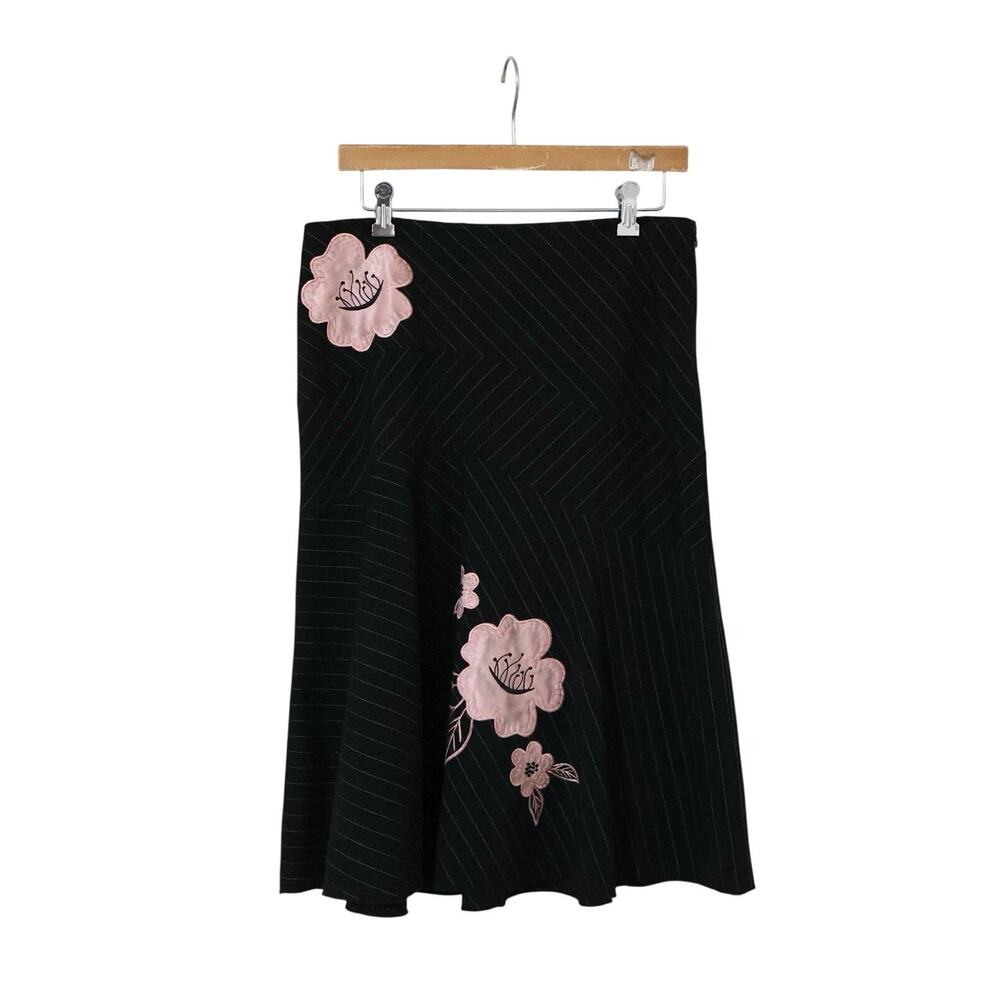 Vintage Miss Me Black Pinstripe Pink Floral Midi Skirt L 90s y2k Emo Kawaii